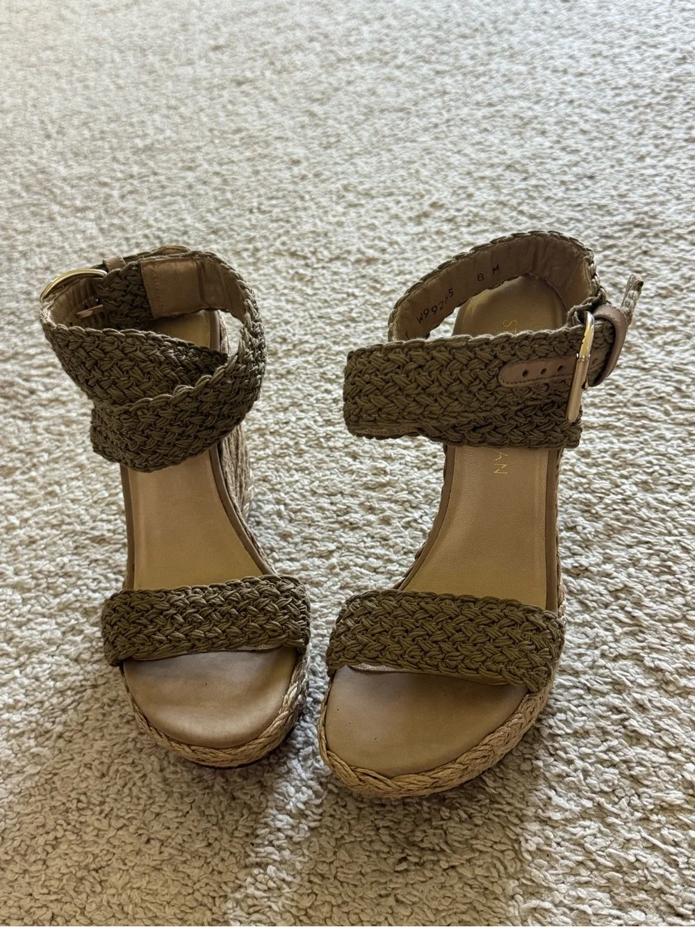 Stuart Weitzman Alex Crochet Espadrille Wedge Sandals Swamp Camel Size 8